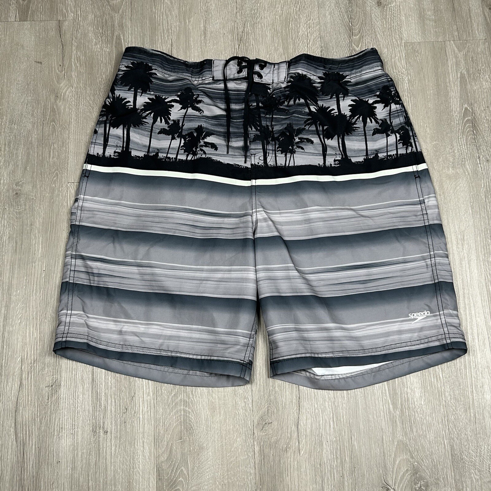 Speedo Mens 2XL Gray Black Tropical Swim Trunks Board Shorts Lined