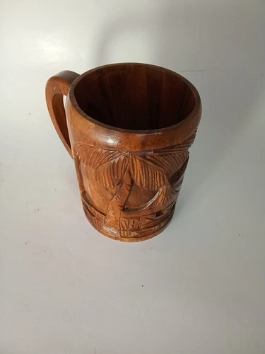 Hand-Carved Wooden TIKI Mug ~ Polynesian Village Scene ~ VGC Vintage