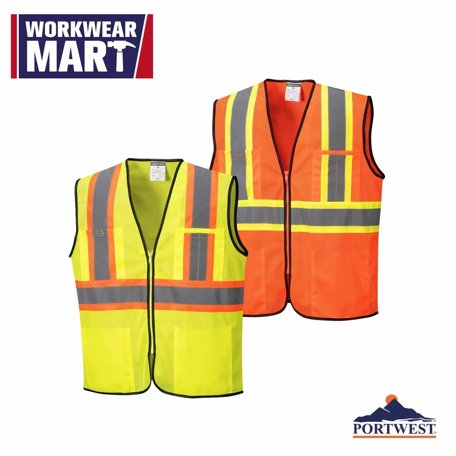 Portwest US381 Frisco Hi-Vis Contrast Reflective Safety Mesh Zipper Vest ANSI image 1