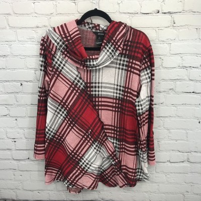 Ali Miles Top Womens Extra Large Red Plaid Tunic Cowl Neck Shot Sleeve Blouse *