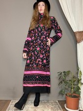 Vintage 1970s maxi dress Long Sleeve floral High Neck black pink size 12