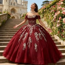 Burgundy Sweet 15 Quinceanera Dresses Gold Lace Applique Ball Gown Party Gown