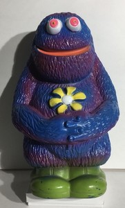 Play Pal Plastics Blue Purple Hippie Monster w Flower 14" Coin Bank VTG 1971