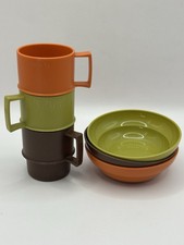 Fisher Price Tupperware Toys 3 Cups Bowls Avocado Green, Brown, Burnt Orange