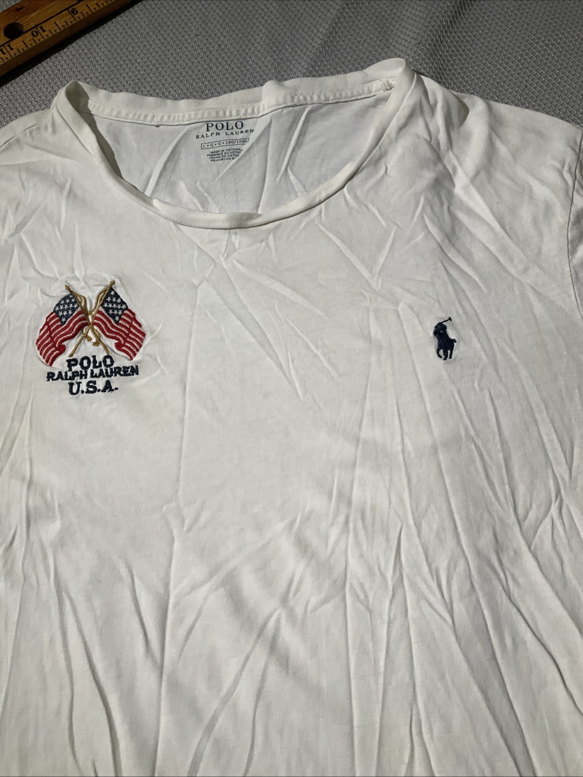 Polo Ralph Lauren camicia uomo media bianca ricamata bandiera logo pony grunge maglietta