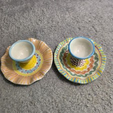 MacKenzie Childs Pottery Egg Cups Summer Frock Aurora Hand Painted Ceramic Set 2