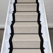 Herringbone New England Ivory Stair Runner with 100% Black Cotton Border
