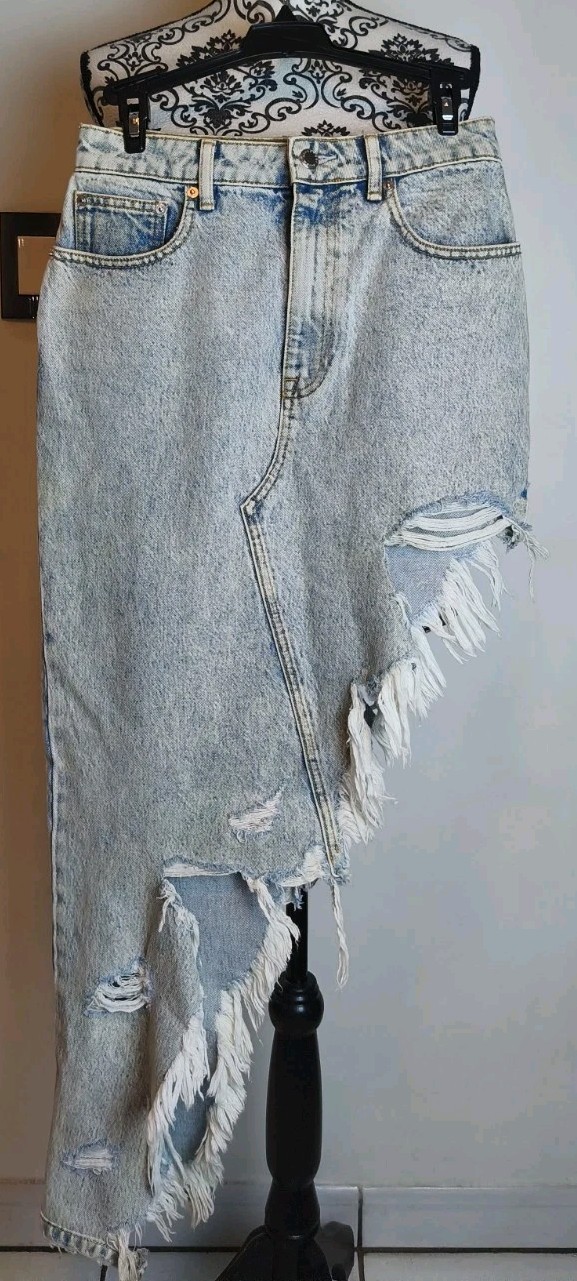 Alexander Wang Asymmetric Distressed Denim Skirt Sz 26 Light Wash Frayed Hem
