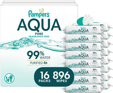 Aqua Pure Baby Wipes, 99 Water, Fragrance Free, 896 Baby Wipes Total 16X Flip-