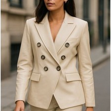 Veronica Beard Miller Dickey Jacket Ecru Size 4 Faux Leather Double Breasted