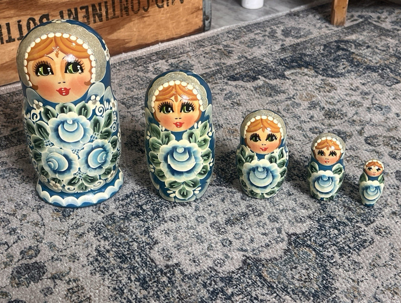 Ukrainian Matryoshka Nesting Dolls Set of 5 Blue Floral Handmade