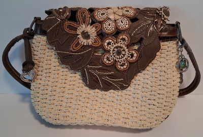 Brighton Cassia woven shoulder bag purse w/ faux leather accents & 3D floral