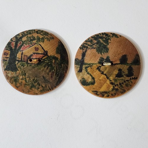 Early DecoCountry Painted Buttons Signed Irma Braden A Winding Road&The Old Farm