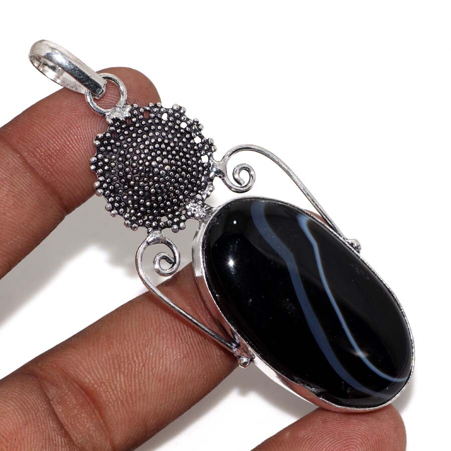 Banded Black Onyx 925 Silver Plated Pendant 3