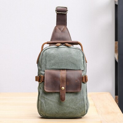 Canvas Real Leather Sling Bag One Strap Backpack Rucksack Chest Pack  Vintage