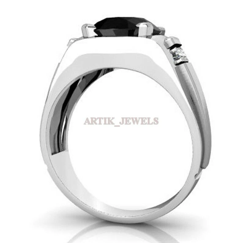 Naturale Onice Nera Pietra preziosa con 14K Oro Bianco Placcato Anello Argento - Immagine 2 di 4