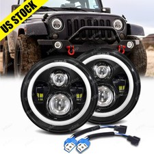For Jeep Wrangler Jk Jku Tj Lj Cj Pair 7 Inch Round Led Headlight Halo Lamp