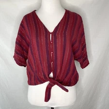 Rails Top Womens Small S Tie Front Cropped Short Sleeve Metallic Striped