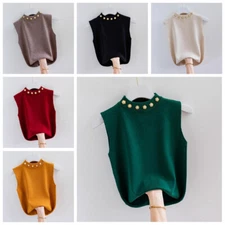 Women Knitted Beaded Vest Tank Tops Basic Turtle Neck Cami Shirt Casual Retro