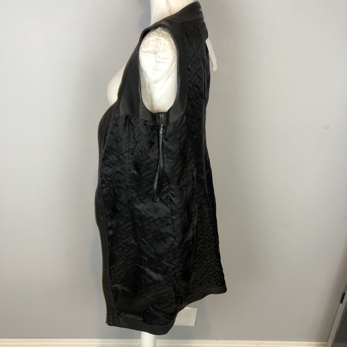 VERSACE Leather mini Dress full zip sleeveless black Size 48