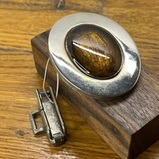 Vintage Douglas PAQUETTE Belt Buckle & Slide - Silver Tone - Brown Lucite Stone