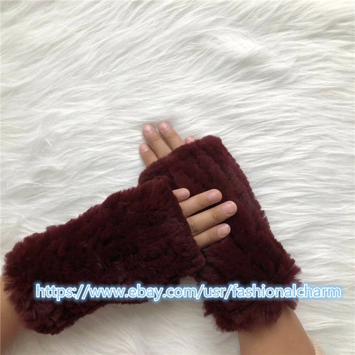 Womens Winter Real Rabbit Fur Gloves Knitted Stretch Fingerless Mitten Gloves - Picture 60 of 102