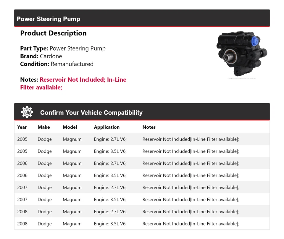 Bomba de dirección asistida Cardone 2006 2007 para Dodge Magnum 2005-2008 Foto 2 de 4