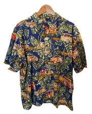Vintage Koko Island Men  s Hawaiian Car Surf Board Button Shirt Blue Size XL USA