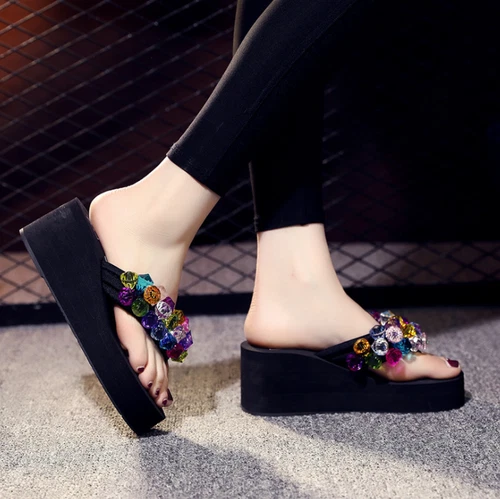 Chanclas de mujer con estrás tacón de cuña sandalias de plataforma zapatillas de verano zapatos - Imagen 6 de 12