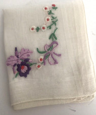 Vtg 12" SQ WEINSTOCK Linen HANDKERCHIEF Hanky Purple EMBROIDERED Orchid Daisy b