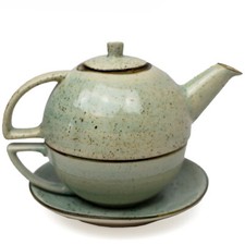 Teekanne-Kanne 0,5l+Tasse 0,3l+Untartasse 16cm im Set-handmade Rustic Hellblau