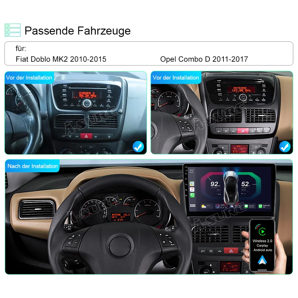 10'' Android 13 Autoradio Navi Carplay 2+32G DSP für Fiat Doblo MK2/Opel Combo D - Bild 3 von 4