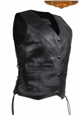 Women's Motorcycle Leather Vest XS, 3XL Solid Black - Snap Closure Biker Club