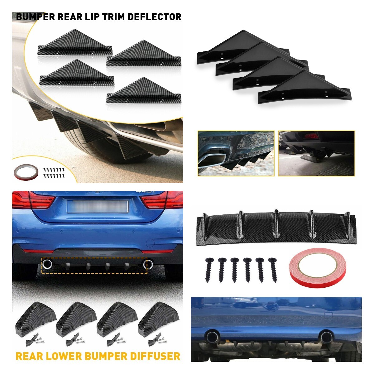Car Lip Bumper Rear Diffuser Shark Splitter Fins Accessories Carbon Fiber/Black