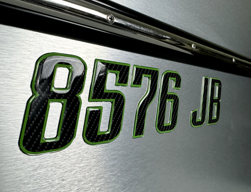 Boat Registration Stickers - Domed Carbon Fiber Numbers with Green Trim - Picture 2 of 6