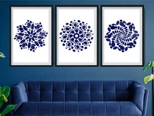 Set of 3 Prints - Abstract Indigo Blue Dot Navy Boho Wall Art