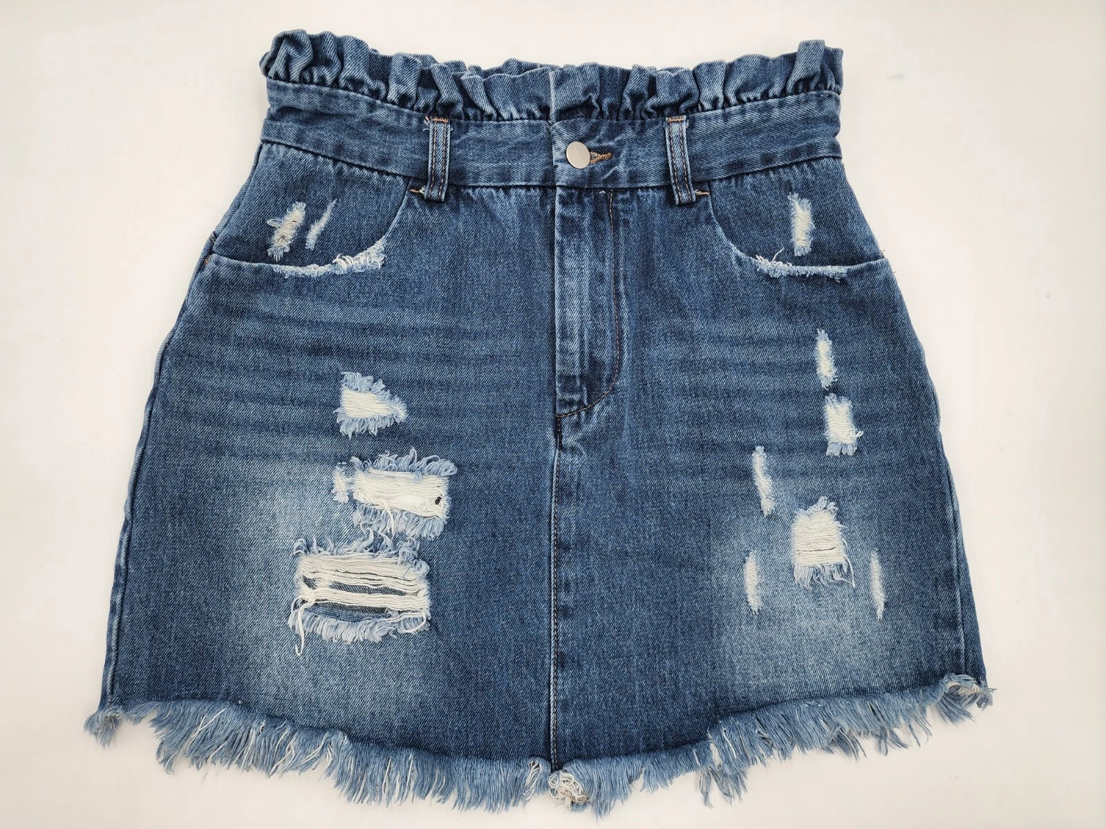 Hayden Skirt Denim Ruffle Edge Distressed Paper Bag Waist Women's Size M