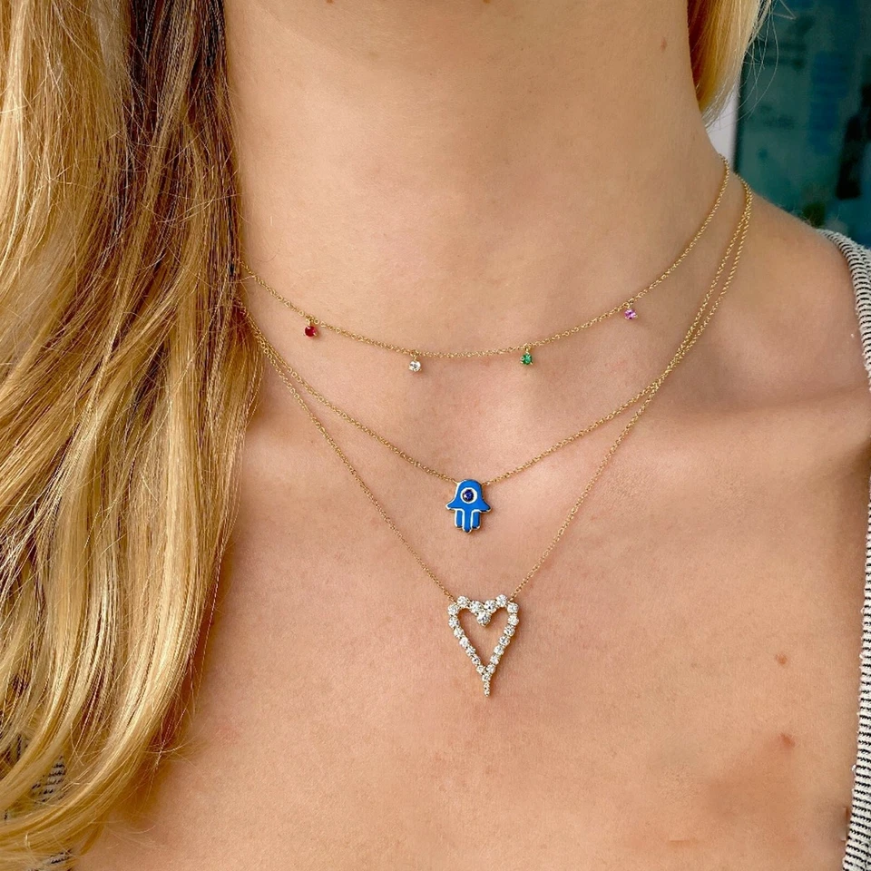 14K Gold Diamond Multi Color Gemstone Rainbow Necklace Natural 0.35TCW Round Cut - Image 2 of 3