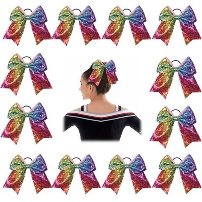 Oaoleer 12PCS 7'' Large Glitter Cheer Hair Bows Ponytail Holder Elastic Band H