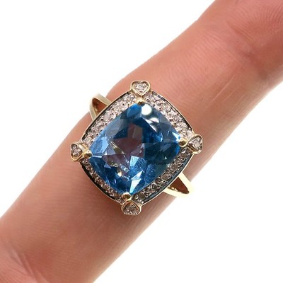 Fabulous 14K Yellow Gold Cushion Cut Blue Topaz Halo Ring with Hearts Size 7