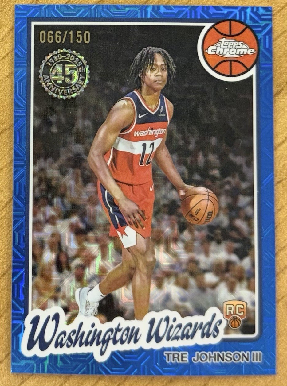 2025-26 Tre Johnson III Topps Chrome 45th 1980 Blue Mojo Rookie Refractor 66/150