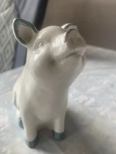 Pottery White Pig ~5.25” x 6.25”  White Blue Preowned