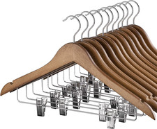 Wooden Hangers with Clips 12 Pack, Heavy Duty Walnut Wood Pants Hanger, Premium