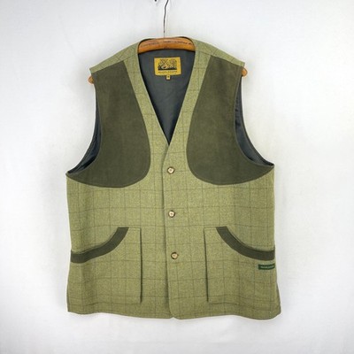 Hucklecote Tweed Schießweste Herren 48 grün Wolle kariert Gilet Jagdweste