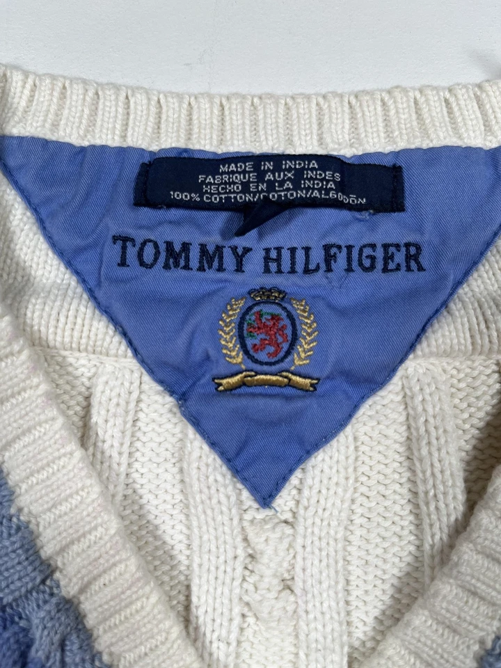 Chaleco Suéter Tommy Hilfiger De Colección Grande Blanco Tejido con Cable Cuello en V Preppy De Colección Foto 4 de 4