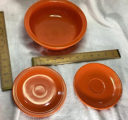 3 Pieces Of Vintage Orange Fiesta Ware 8 1/2” Serving Bowl, Saucer, Bread plate