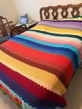 Vintage Hand Crochet Stripe Rainbow Afghan Blanket Throw