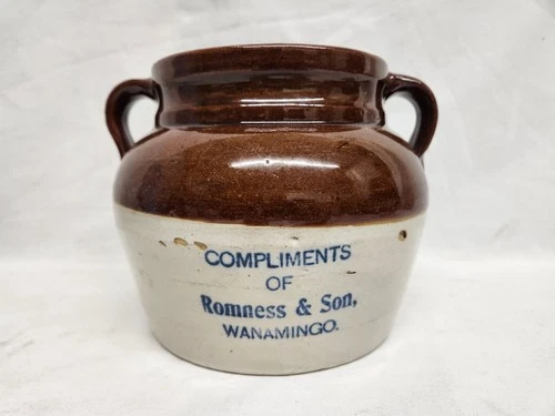Antique Red Wing Advertising Bean Pot Romness & Son Wanamingo, Minnesota Vintage