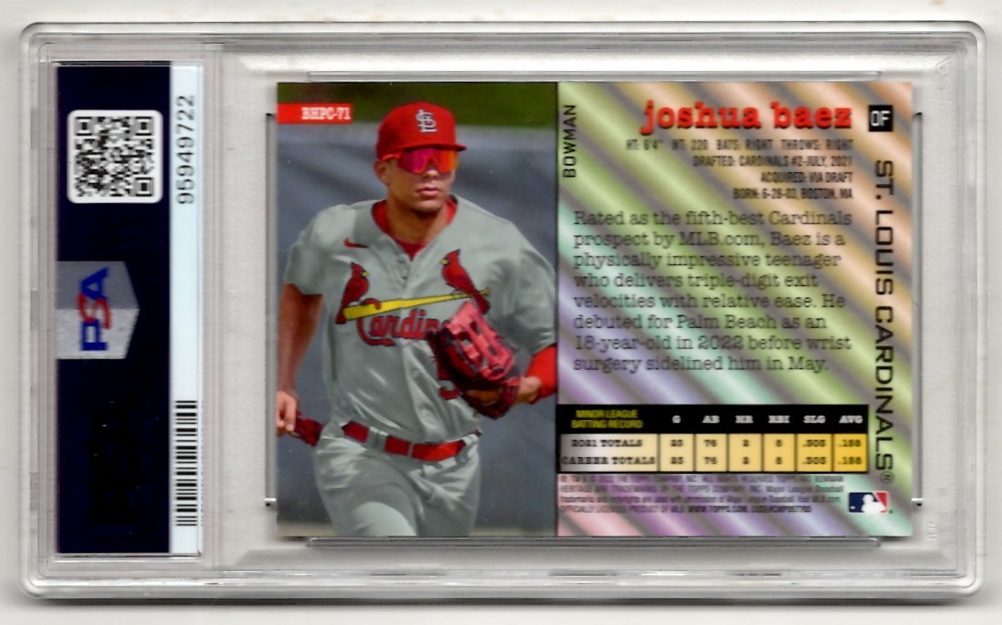 PSA 10 Joshua Baez 2022 Bowman Heritage Chrome Gold Refractor #71 Rookie #32/50 view 2