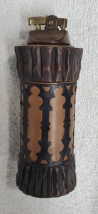 Vintage Tall Wood Pillar Tabletop Cigarette Lighter